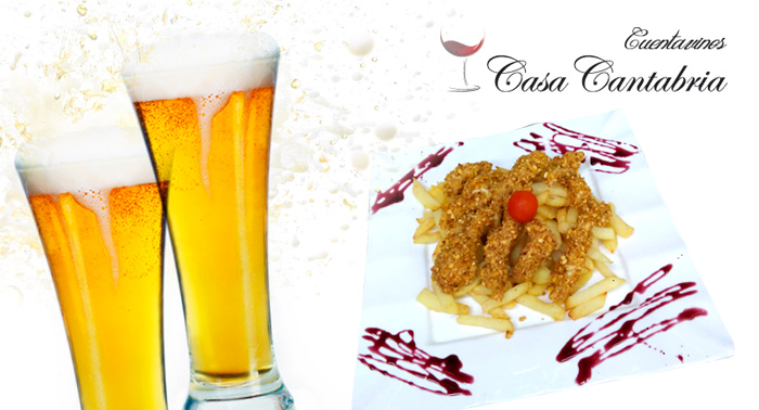 2 bebidas o botella sidra + 2 tapas + ración de crujiente de pollo en kikos con salsa barbacoa