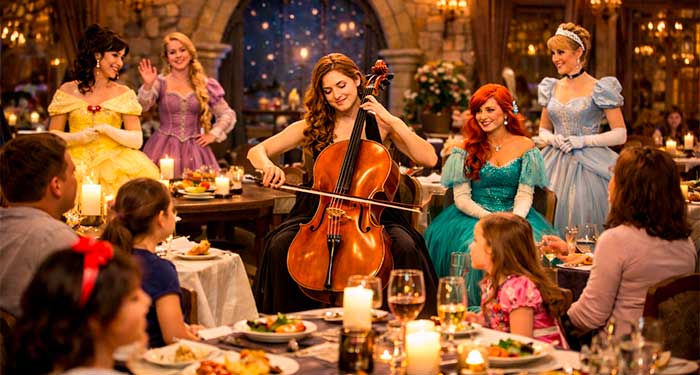 Cena, Encuentro con las Princesas y Concierto de Chelo de Canciones Disney 